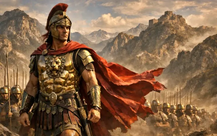 Büyük İskender ve Makedon askerleri, sarp kayalıklarla çevrili Anadolu geçitlerinde tasvir edilen epik sahne